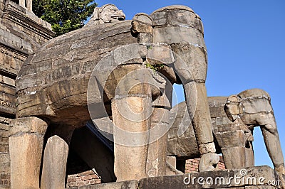 Stone Elephants at Bhaktapur Durbar Square Stock Photo