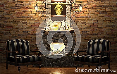 Stone fireplace and chairs Stock Photo