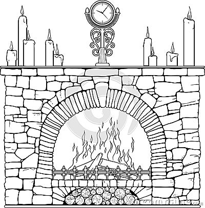 Stone fireplace with clock and candels. Vector Illustration