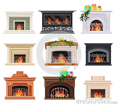 Stone Fireplace or Hearth with Mantelpiece and Burning Fire Vector Set Vector Illustration