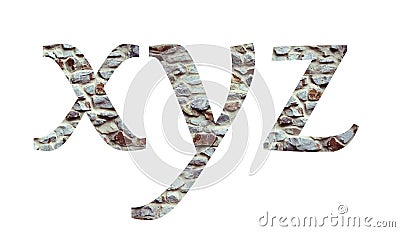 Stone font letter XYZ isolated on white background. Letters and symbols. Stock Photo