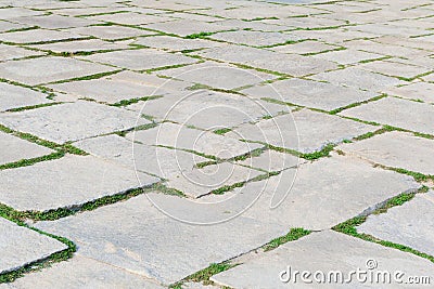 Stone footpath pattern with green grass in perspective background Stock Photo