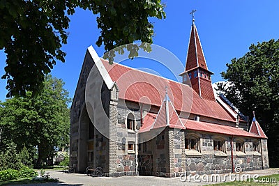 Stone former Lutheran church in the village of Yantarny Stock Photo
