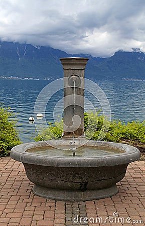 stone fountain, Lake Geneva, Switzerland. Stock Photo