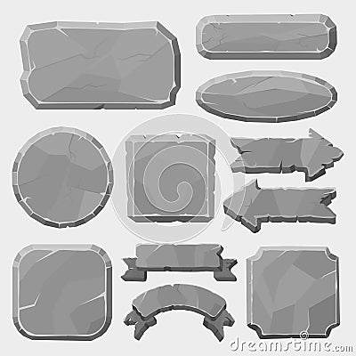 Stone game boards. Granite rocks buttons, grey stone banner, arrows and panels, stone ui elements for game design vector Vector Illustration