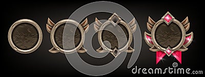 Stone game frame set, vector UI fantasy mobile app reward kit, medieval level up user avatar circle. Vector Illustration