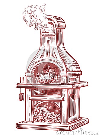 Stone garden oven for grilling or barbecuing. Open summer kitchen. Vintage sketch vector illustration Vector Illustration