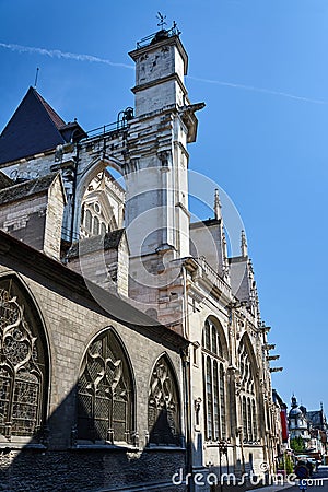 Stone gargoyle and Turret Gothic facade of the Medieval church in Troyes, France Stock Photo