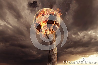 Stone hand holding burning earth and rise up in the apocalyptic sky Stock Photo