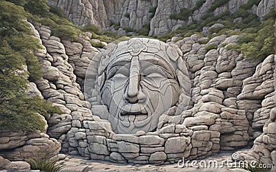 Stone head embedded in the rocks of a mountain Stock Photo