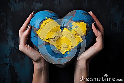 Stone heart in colors of Ukrainian flag in hands of woman. Generative AI Stock Photo