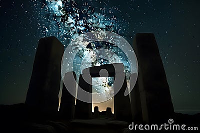 stone henge mock building against the backdrop of night and space. Neural network AI generated Stock Photo