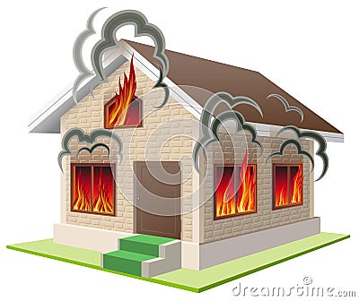 Stone house burns. Property insurance against fire. Home insurance Vector Illustration