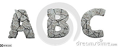 Stone letters A, B, C. 3d render. Rock alphabet. Path save. Stock Photo