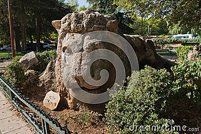 Stone lion monument in Ifrane is a cult landmark in mid Atlas, Morroco Stock Photo