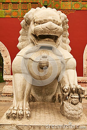 Stone lioness guarding the entrance to the inner palace of the Forbidden City. Beijing Stock Photo