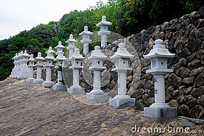 Stone Made Decorations at the Udo Jingu - Shinto Shrine located in Miyazaki, Japan. This shrine is popular about love and romance. Editorial Stock Photo