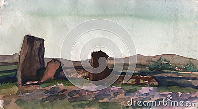 Stone Menhir in Khakassia Siberia. Quality watercolor painting. Watercolor sketch made from nature Stock Photo