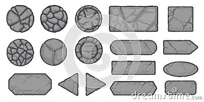 Stone menu buttons. Medieval cracked border UI elements, old granite block frame icons for mobile app user interface. Vector Vector Illustration