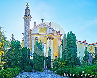 The medieval Ottoman minaret in front of St Peter and Paul Cathedral, Kamianets-Podilskyi, Ukraine Stock Photo