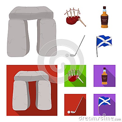 Stone monument, bagpipe, whiskey, golf. Scotland country set collection icons in cartoon,flat style vector symbol stock Vector Illustration