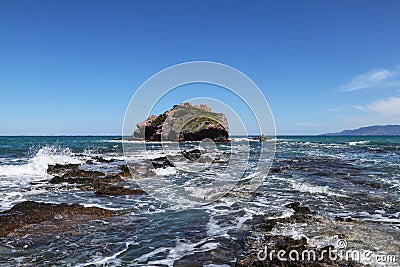 Stone part of Akamas peninsula national park in Cyprus. Rock hill in the middle of mediterranean sea. There`s only one way to the Stock Photo