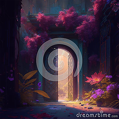 A stone path in a dense forest leads to a rock in which there is a portal to another dimension. Generative Ai Stock Photo