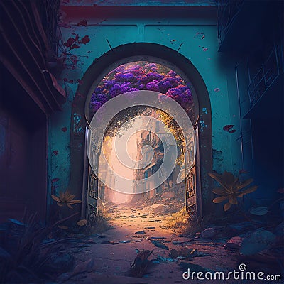 A stone path in a dense forest leads to a rock in which there is a portal to another dimension. Generative Ai Stock Photo