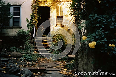 a stone path leads to a house with yellow flowers Stock Photo