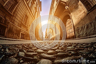 Stone pavement in Italy.Toning. Soft focus. fish-eye Stock Photo