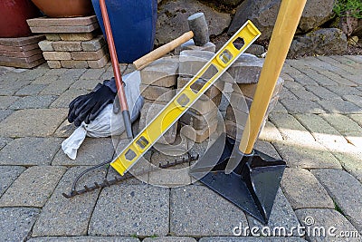 Stone Pavers and Tools for Landscaping Stock Photo