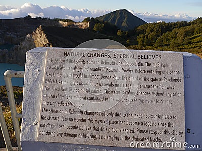 Stone plaque at Kelimutu crater lakes on island of Flores Indonesia Editorial Stock Photo