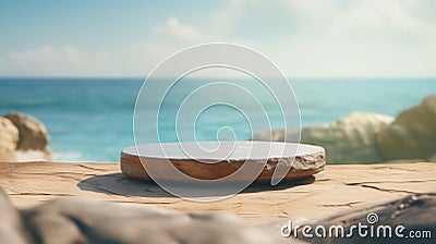 Photo of a stone plate resting on a rocky shore by the sea Stock Photo