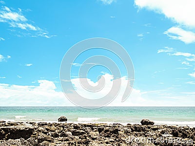 Stone Podium on Blue Sea and Blue Sky Background Ocean at Coast Nature Summer Tropical, Calm Water Shore Island Stock Photo