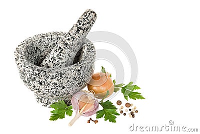 Stone pounder with spices on a white background Stock Photo