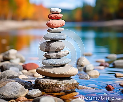 Stone pyramid. Pebbles balance pile, harmony zen stones, balance stack, sea pebble pyramid on shoreline, relaxation Stock Photo