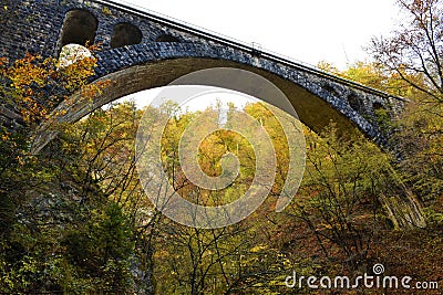 Stone railway bridge across Vintgar gorge near Bled Stock Photo