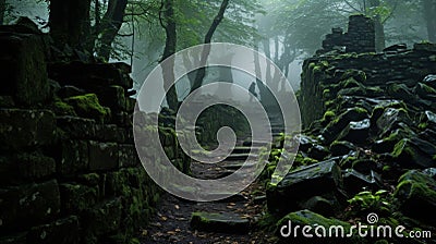 A stone relic in a foggy forest setting with lush vegetation Stock Photo