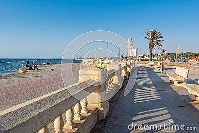 Stone road of Jeddah Corniche, 30 km coastal resort area of Jeddah city with coastal road, recreation areas, pavilions and civic Editorial Stock Photo