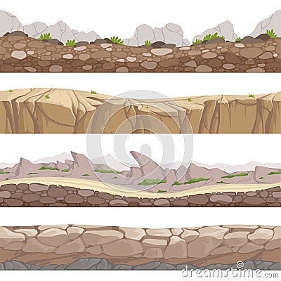 Stone road seamless. Rocky game backgrounds with various types of stones vector cartoon collection Vector Illustration