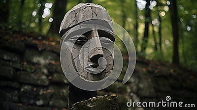 Stone Sculpture In Forest: A Rustic Geometric Masterpiece Stock Photo