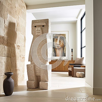 Stone Sculpture Of Man: Earthy Color Palette And Geometric Minimalism Stock Photo