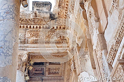Sculpture relief from the facade of ancient The Library of Celsus at Ephesus, Turkey Stock Photo