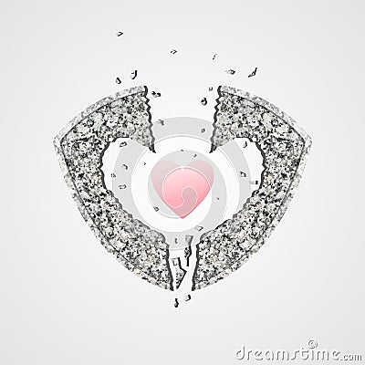Stone shield destroys love in the form of a heart. Cartoon Illustration