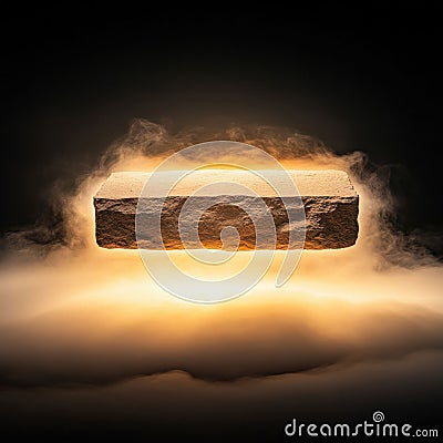 Stone slab floating above mist illuminated with warm light. Generative ai Cartoon Illustration