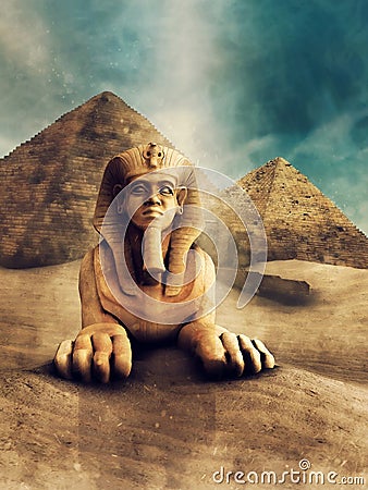 Stone sphinx and pyramids Stock Photo