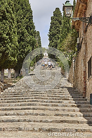 Stone stairs in Pollensa, calvary. Traditional Mallorca village. Spain Stock Photo