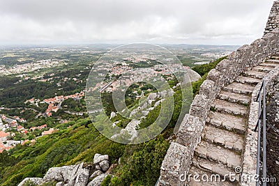 Stone stairs of the 8th century The Moorish Castle Castle over town Sintra. Historical landscape in Portugal Stock Photo