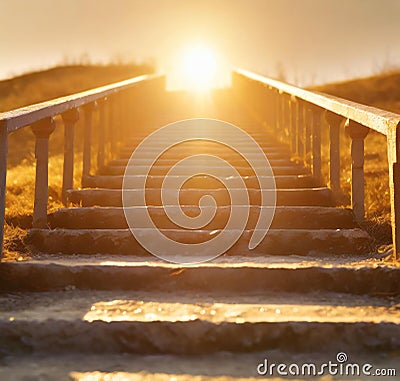 Stone stairs with wooden railing in the mountains at sunset. Landscape with mountain path and rocks against colorful blue sky with Stock Photo
