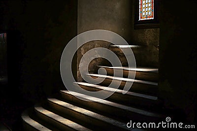 Stone stairway in dark medieval castle dungeon Stock Photo